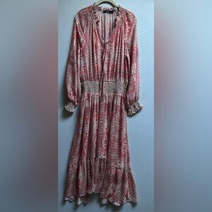 AMISSIMA Boho Floral Smocked Waist Long Sleeve Maxi Dress Pink/Red Sz S/M